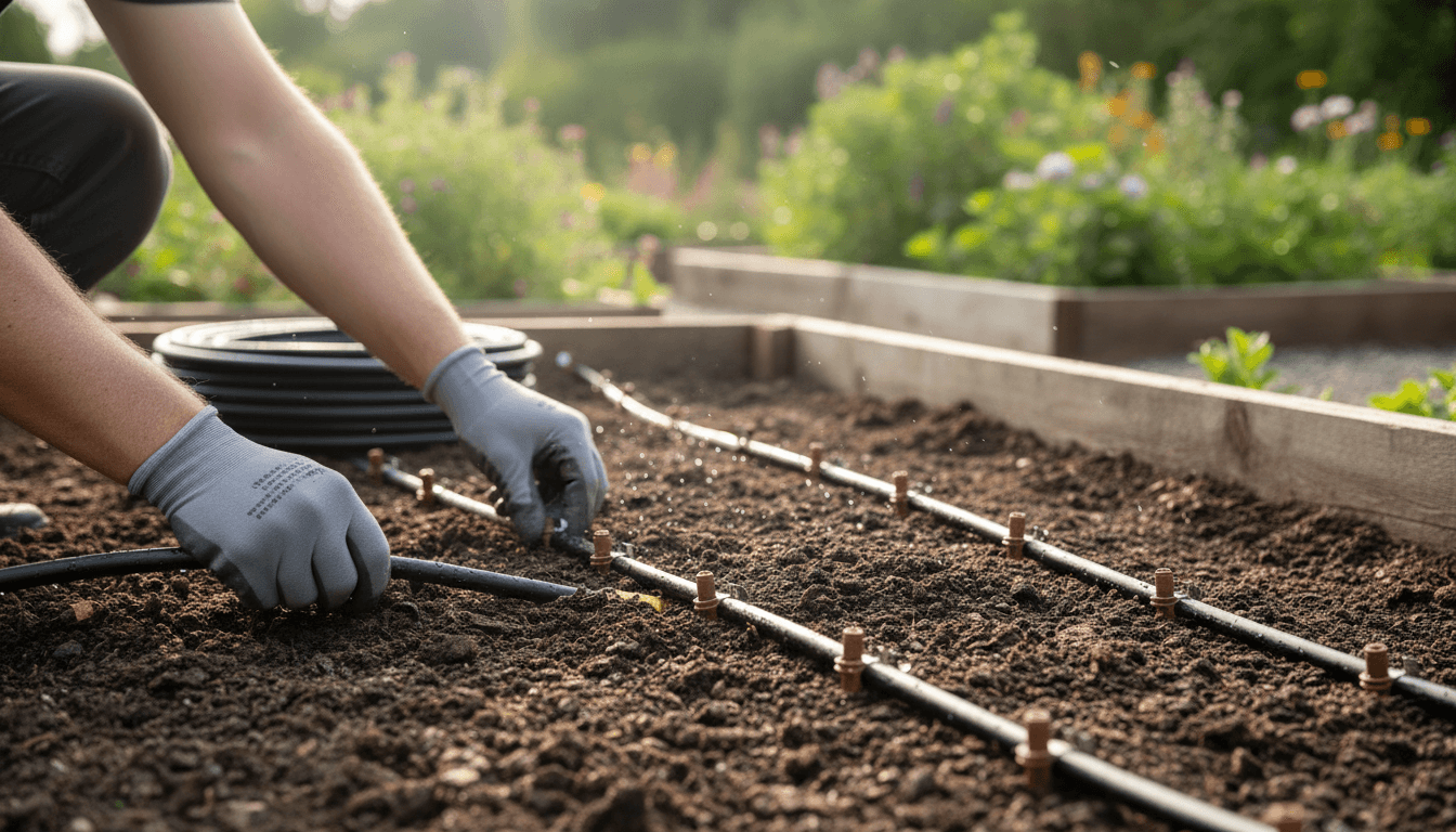 Professional installing irrigation system components in prepared planting bed
