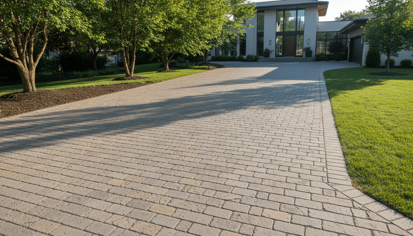 Modern permeable paver driveway with geometric pattern