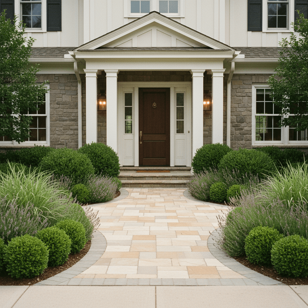 Front entrance walkway design improving curb appeal