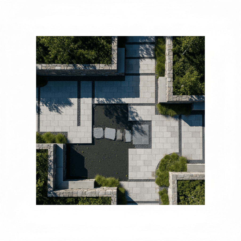 Overhead view of complete hardscape design project layout