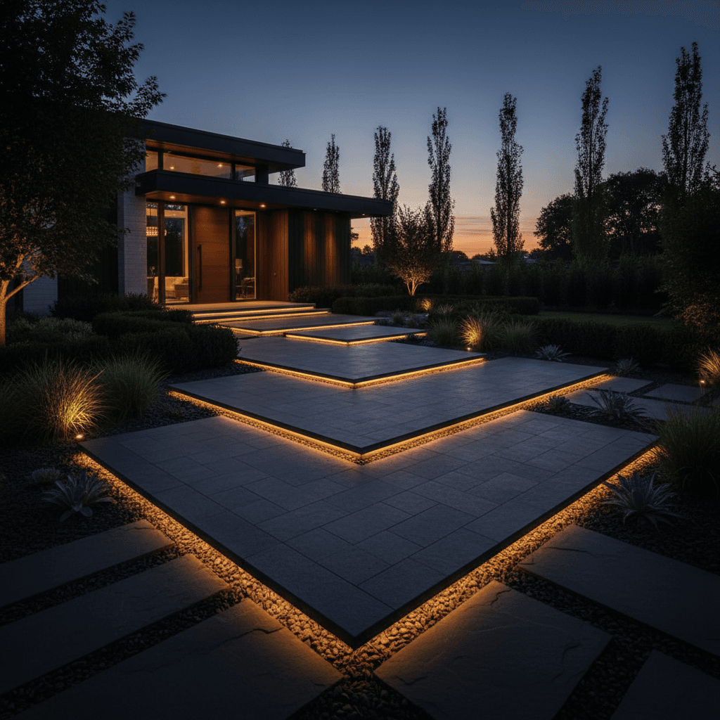 Evening landscape lighting design integrated along walkway