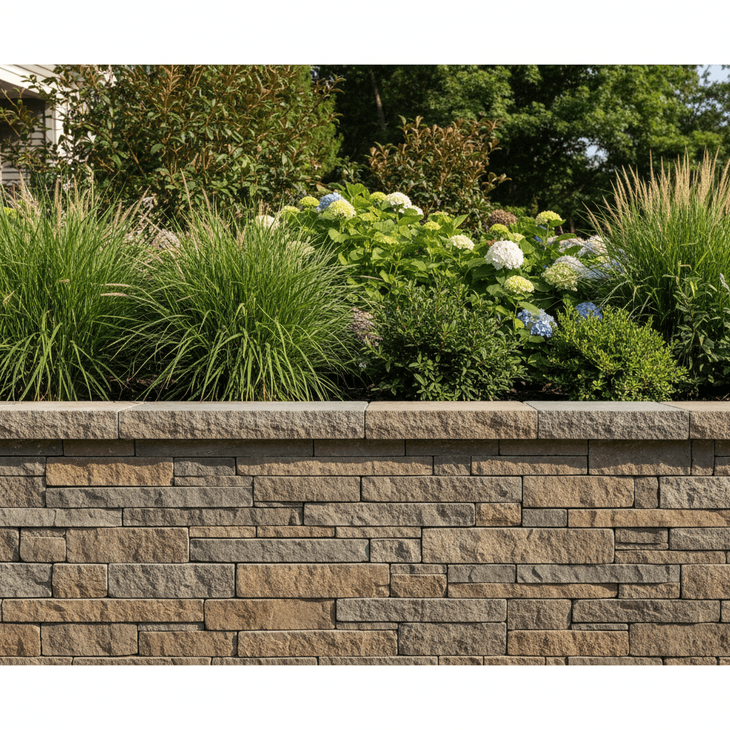 Finished retaining wall creating defined garden space