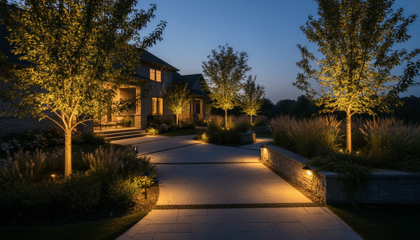 Hardscape area at dusk with integrated professional landscape lighting