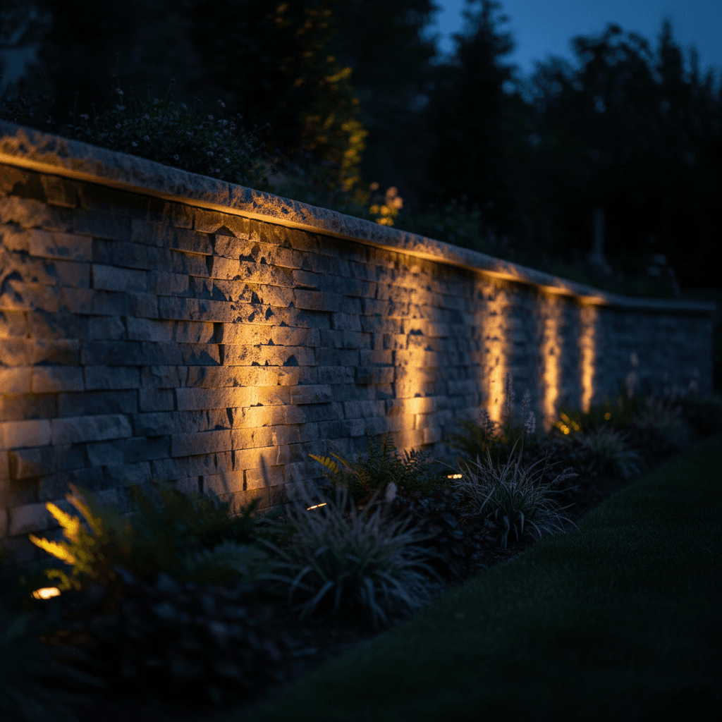 Stacked stone retaining wall with professional uplighting
