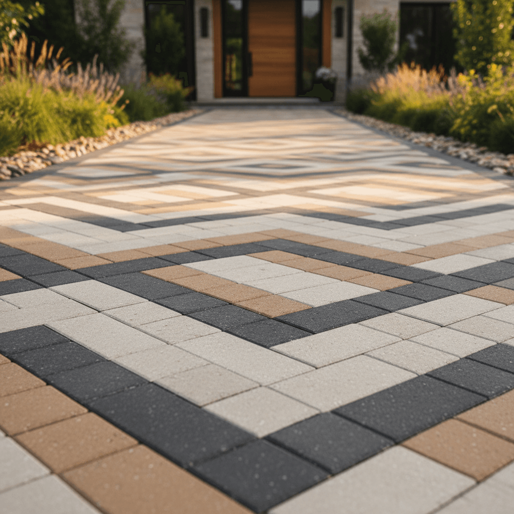 Modern permeable driveway with geometric paver pattern