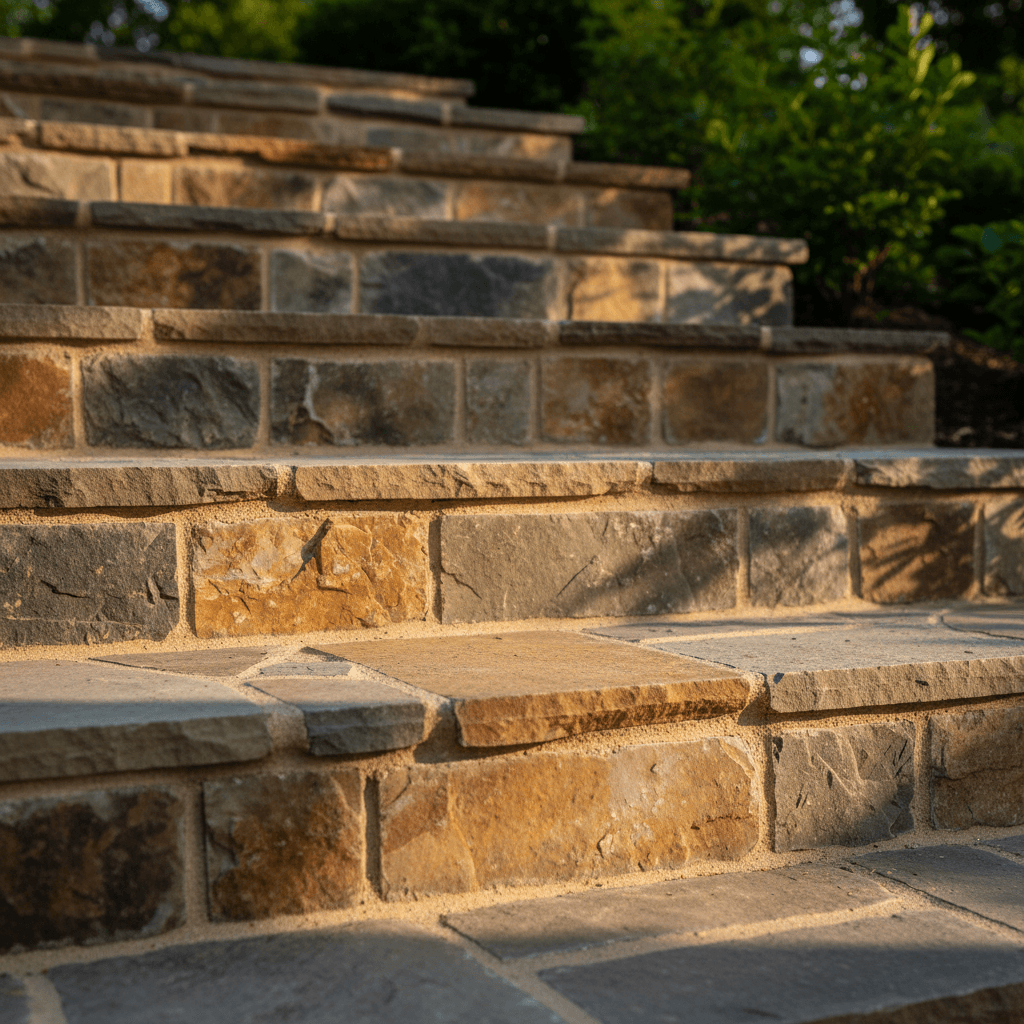 Close-up of precision-cut natural stone stair installation