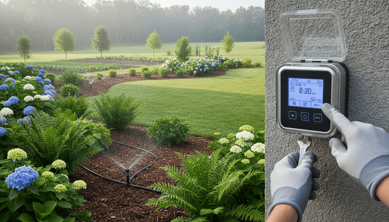 Irrigation system installation and controller adjustment in a residential garden landscape