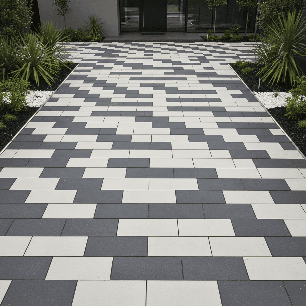 Modern driveway installation with geometric paver design in Toronto