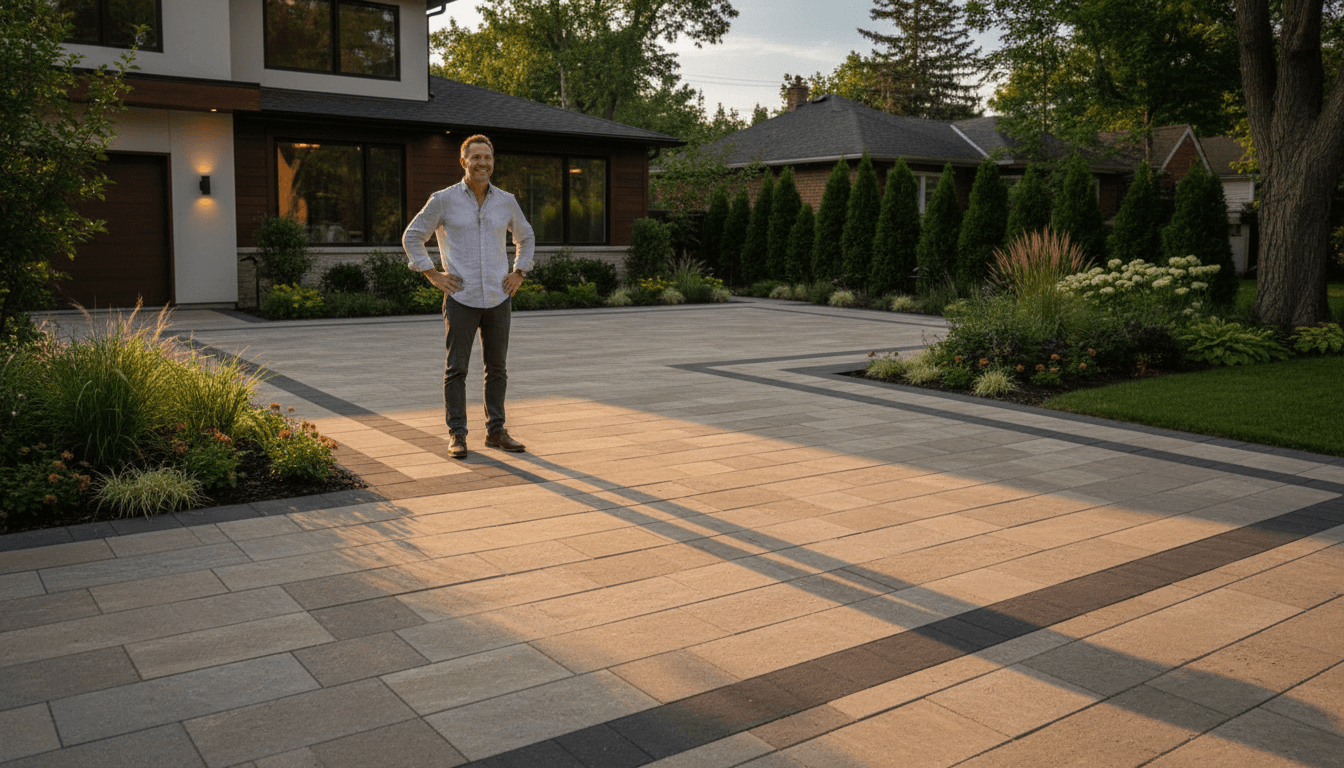 Homeowner admiring a newly installed premium driveway with modern stone pavers at their Toronto residence