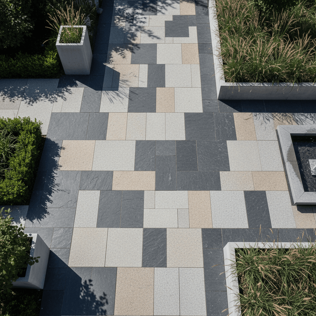 Contemporary stone walkway with geometric pattern design
