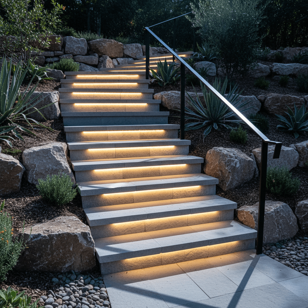 Professional stone staircase with integrated edge lighting