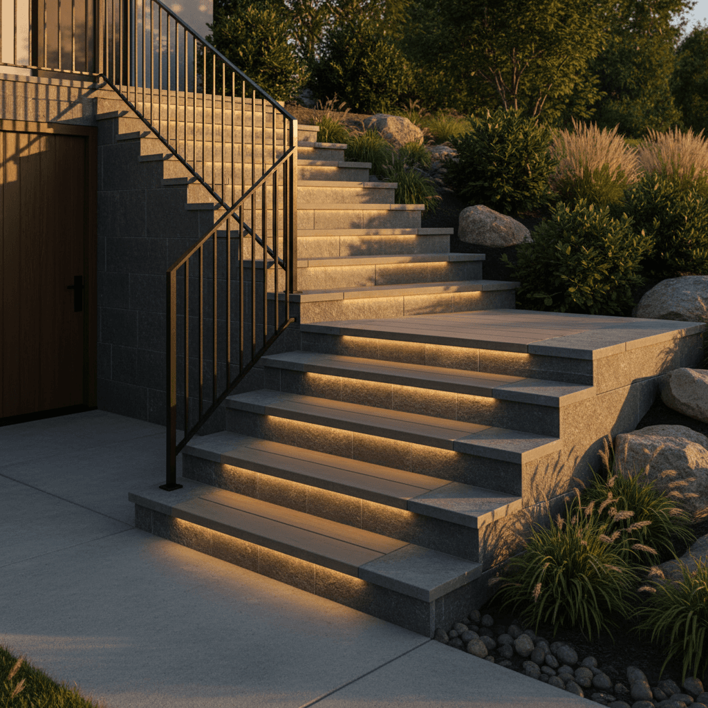 Premium outdoor stairs with professional installation and dramatic lighting