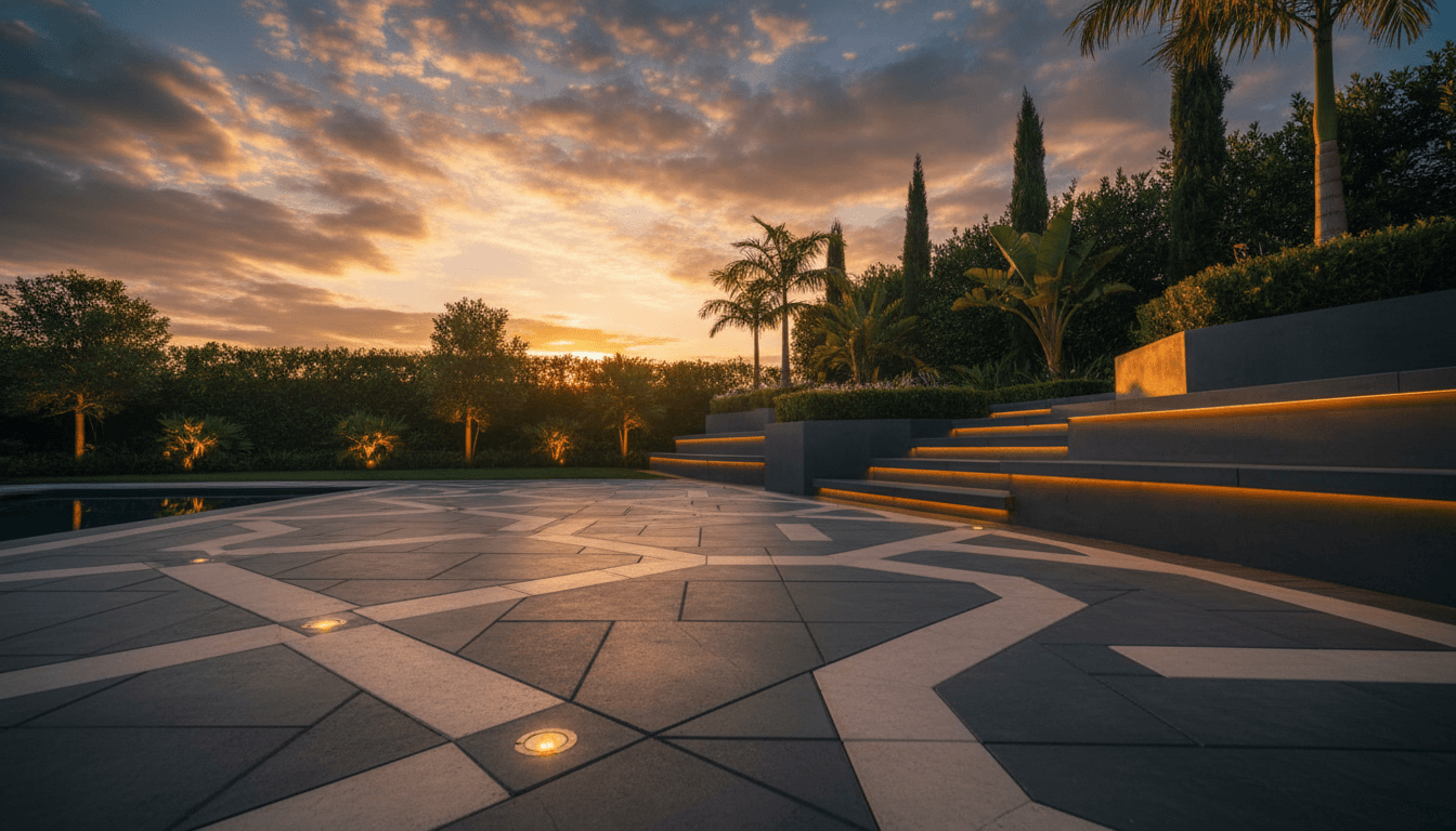 Luxury backyard with modern hardscape design, landscape lighting, and retaining walls at dusk