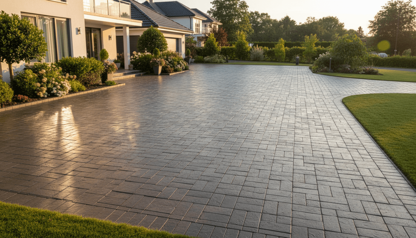 Newly treated residential driveway and patio gleaming under afternoon sunlight with restored appearance and enhanced clarity