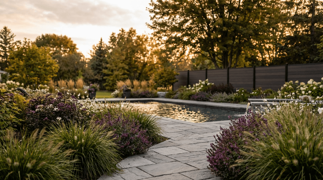 Contemporary hardscape with geometric concrete pavers, modern fence, and architectural plantings in moody twilight lighting.