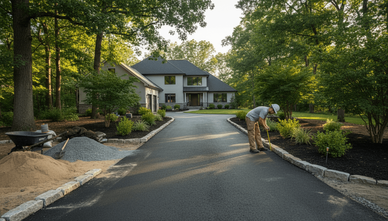 Wide view of completed residential driveway paving project with contractor inspecting finished work, bordered by new landscaping and trees