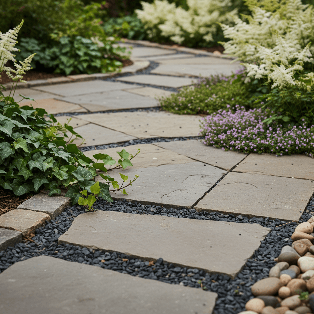 Close-up of decorative stone paving integrated with trailing ivy and groundcover plantings